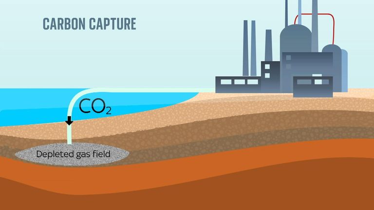 How CCUS can work, by capturing the carbon dioxide emissions from something like a gas plant or cement factory, transporting them through existing gas pipes, and storing them in a depleted oil or gas field under the sea.