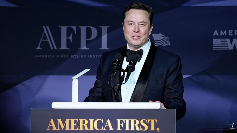 Elon Musk speaks after President-elect Donald Trump spoke during an America First Policy Institute gala at his Mar-a-Lago estate. Pic: AP Photo/Alex Brandon