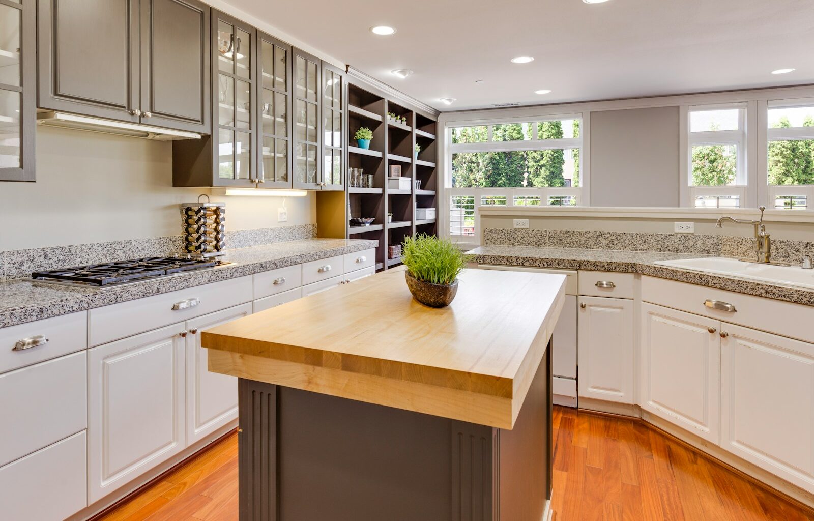 white and gray themed kitchen counters