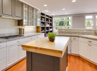 white and gray themed kitchen counters